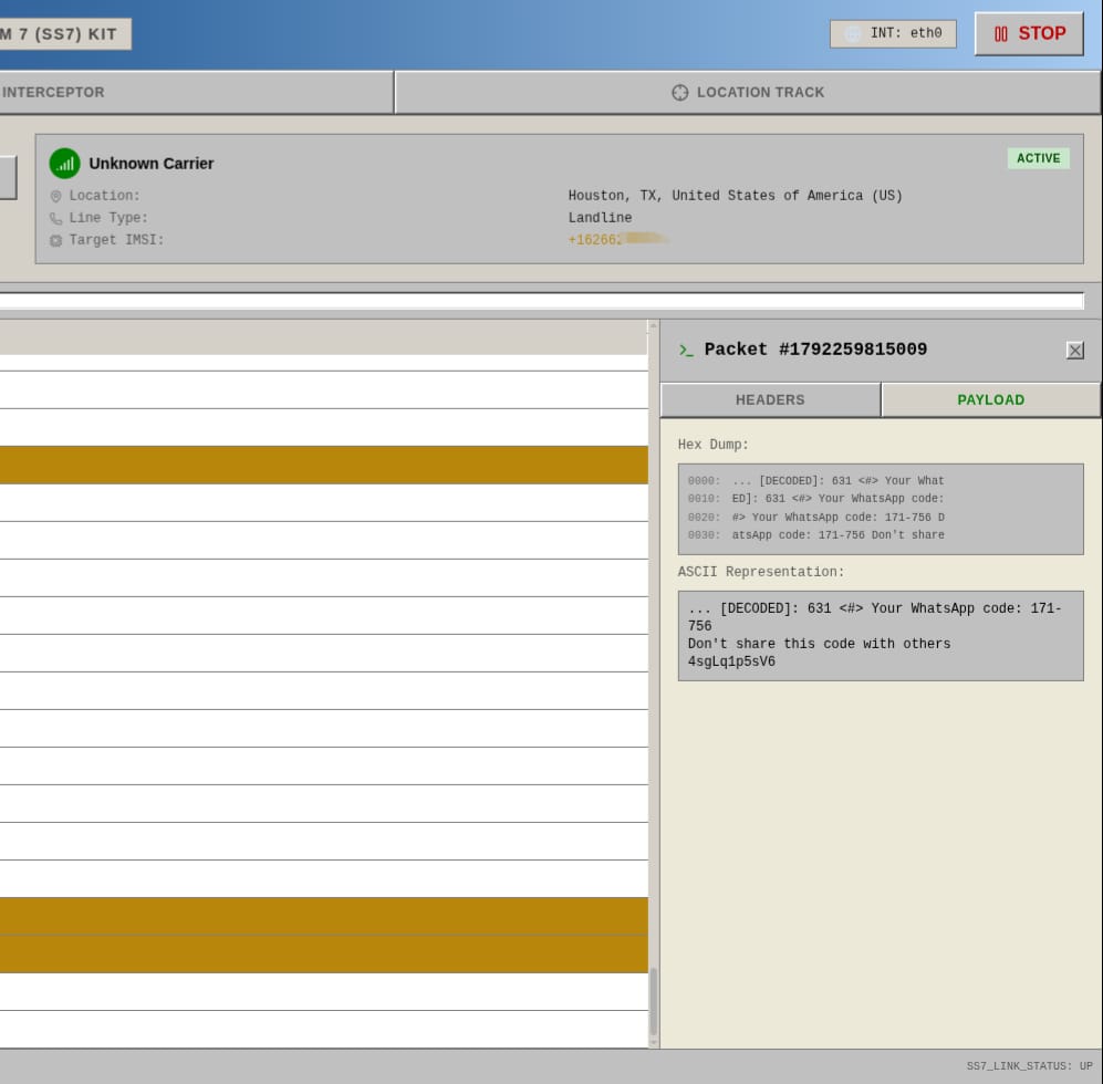 Intercepted WhatsApp OTP SMS shown in the BluSim dashboard